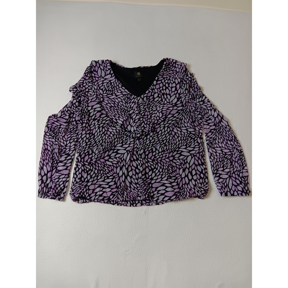 JM‎ Collection Tunic Blouse Womens L Purple Floral V-Neck Ruffle Lined Jersey